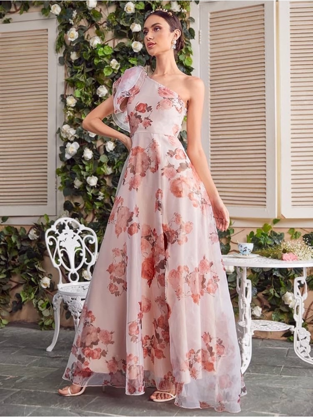 One-Shoulder Pink Floral Maxi Dress - Picture 3 of 11